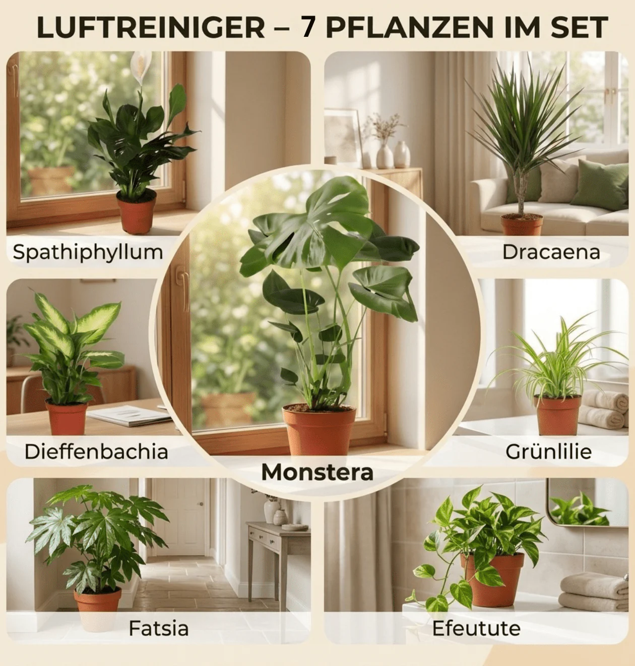 “Luftreiniger” Pflanzen-Set + 7x Zinktopf | 7er-Set | ca. 30-70 cm | Ø 12-15 cm Topf - Image 3