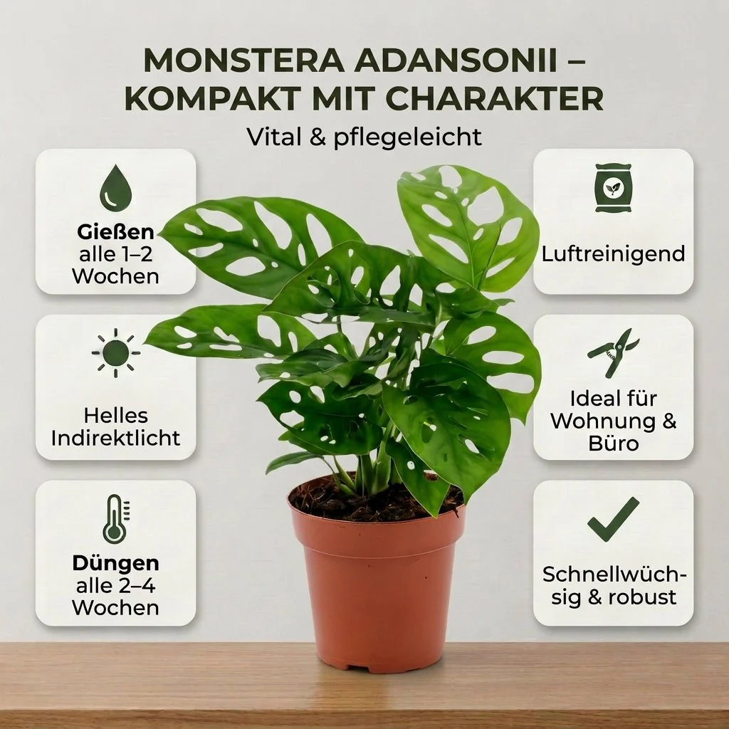 Monstera adansonii + 4x Zinktopf | 4er-Set | Monkey Leaf | ca. 25-30 cm | Ø 12-15 cm Topf - Image 4